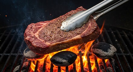 Juicy ribeye steak sizzles expertly seasoned over hot charcoal grill flames, creating mouthwatering aroma