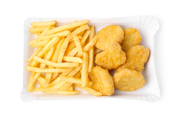 Delicious nuggets and French fries in takeaway package isolated on white, top view. Tasty fast food