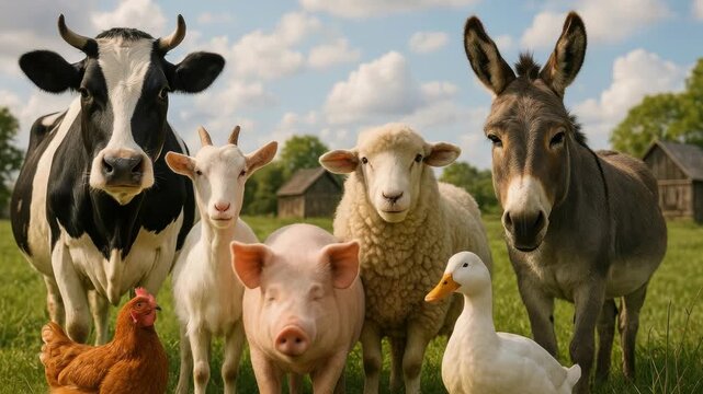 Charming farm animals pose together in a wide-angle shot, perfect for a playful video theme. Sunny day, rustic barns in the background. Live desktop wallpaper.