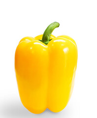 A single, vibrant yellow bell pepper with a fresh green stem, isolated against a pure white background.