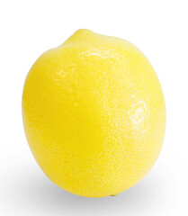 A single, ripe yellow lemon with a textured skin, shot from a low angle on a clean white background with a subtle shadow.