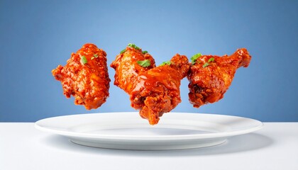 Floating Piri Piri Chicken Wings on White Plate, Gradient Sky
