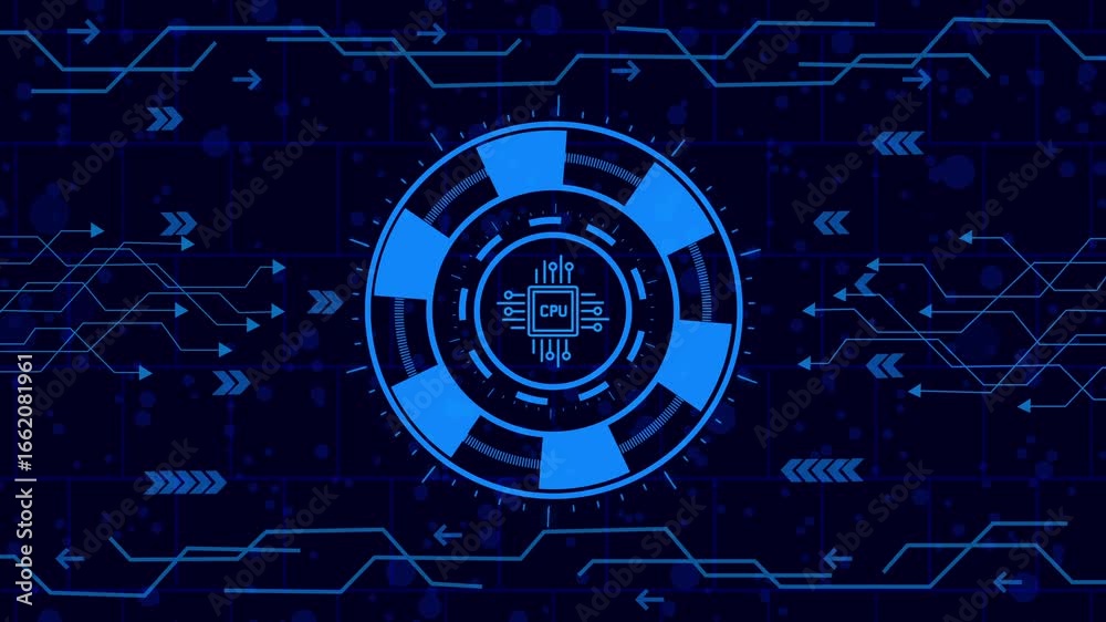 Wall mural futuristic technology background with a digital interface featuring a processor icon, symbolizing co