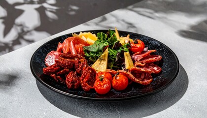 An artfully arranged charcuterie platter featuring a savory selection of cured meats, artisan cheese, sun-dried tomatoes, and fresh greens.