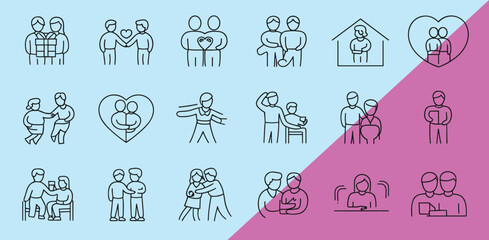 Fototapeta premium Diverse relationships and affection symbols a collection of linear icons portraying various relationship stages and intimate connection. 