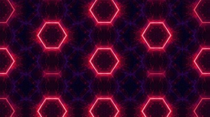 Abstract image of a seamless pattern of glowing, vibrant red neon hexagons with complex dark blue and purple geometric shapes in the background, creating a futuristic look