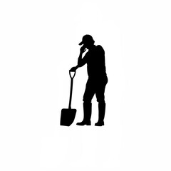 Farmer holding mobile phone to ear while leaning on shovel silhouette on white background