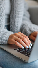 Close-up of a woman's hands with light blue nails typing on a laptop keyboard in a cozy setting computer