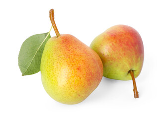 Ripe pears with leaf isolated on white