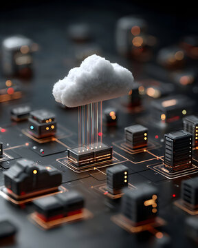 3D render of a cloud computing data transfer concept. A stylized cloud is shown above a circuit board with miniature buildings.