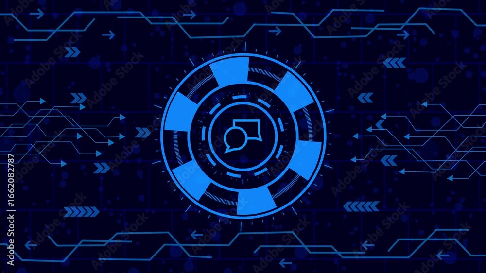 Wall mural text message icon animation.futuristic technology background with a glowing blue chat bubble icon in