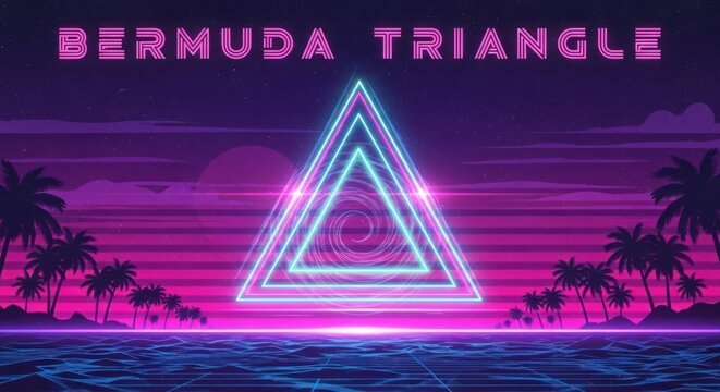 Neon Bermuda Triangle with Palm Trees and Ocean at Sunset.