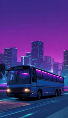 Obraz premium A retro-styled illustration of a tour bus driving on a city street at night, under a vibrant purple and pink sky, with tall buildings in the background