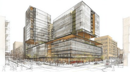 Modern architectural design featuring multi layered glass structures with open spaces