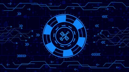 Futuristic technology interface with satellite icon in the center, surrounded by circuit board patterns and digital arrows, creating a hightech, modern feel - Powered by Adobe