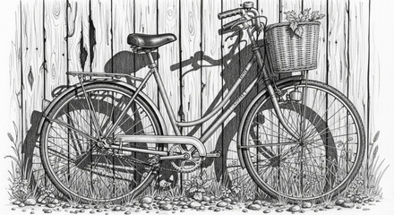 Obraz premium Hand-Drawn Pencil Sketch of a Vintage Bicycle by a Wooden Fence