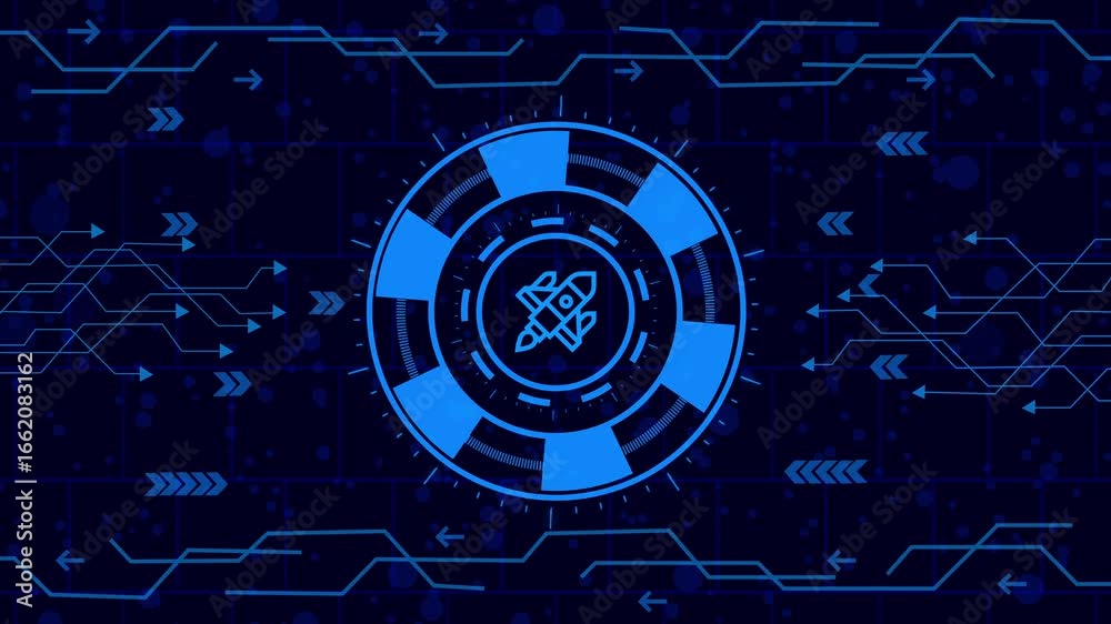 Wall mural futuristic blue background with rocket ship icon in the center, surrounded by circuit board patterns