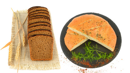 Sliced Rye Bread and Flatbread isolated on a white background.