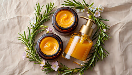 Photo of overhead shot of natural cosmetic product with rosemary and flower on beige background