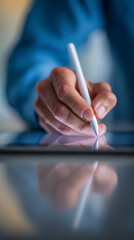 Close-up of hand holding stylus and drawing on a digital tablet with blue background graphic design