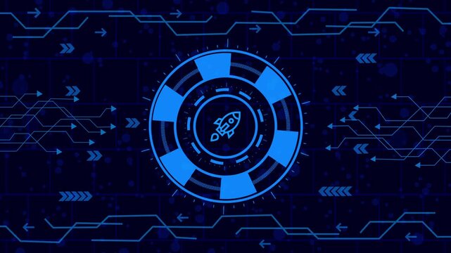 booster concept, Futuristic blue digital interface with rocket ship icon, circuit board pattern, and arrow symbols against a dark background, symbolizing technology and innovation