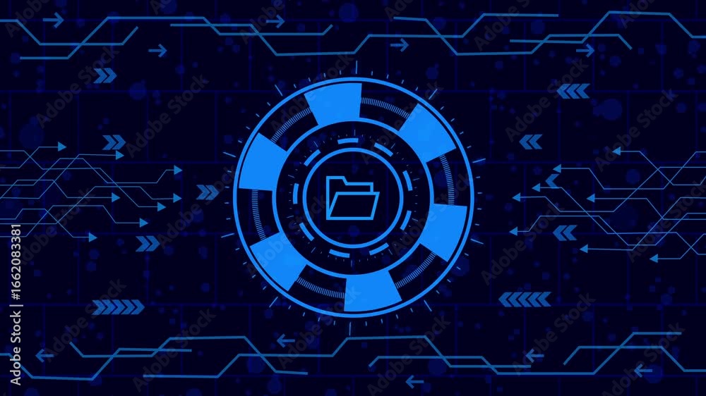 Wall mural futuristic digital interface with a folder icon in the center, surrounded by glowing blue circles an