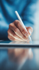 Close-up of hand holding stylus and drawing on a digital tablet with blue background graphic design