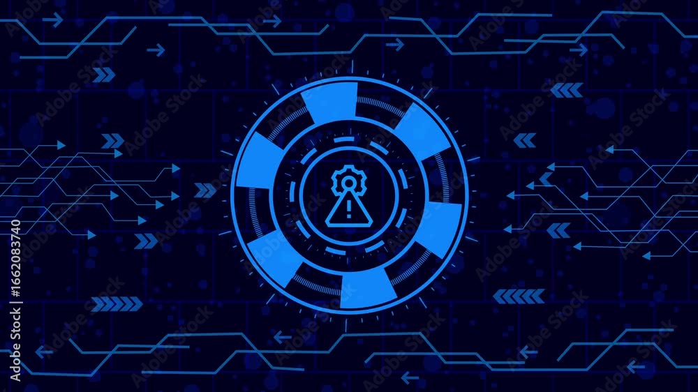Wall mural animated hud interface element with an exclamation mark icon in the center of a chip on a dark backg