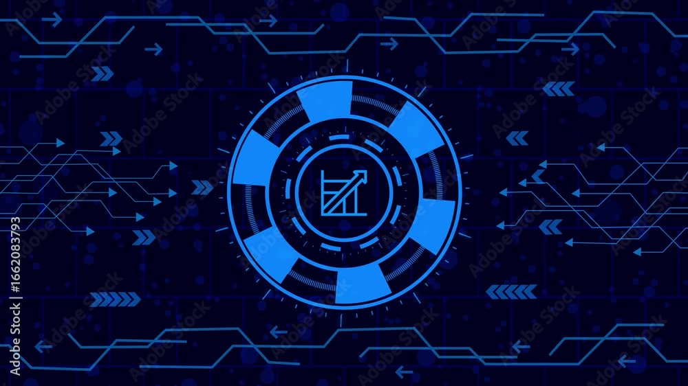 Wall mural animated hud interface element with a graph icon in the center of a chip on a dark background abstra