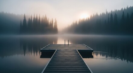 Tranquil wooden dock on a misty lake reflecting a pine forest at dawn.