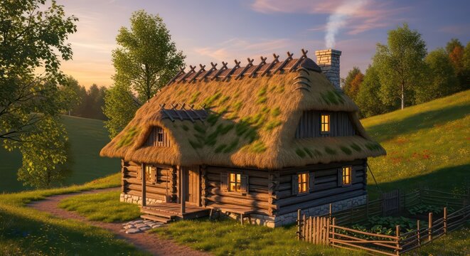 Cozy Cottage with Thatched Roof and Glowing Windows in a Peaceful Landscape - Powered by Adobe