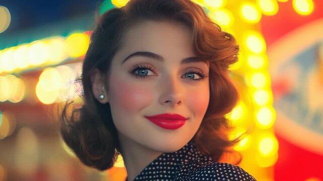 Retro vibes: young people, rockabilly culture, pinup style, Hollywood glamour, neon lights, jukebox tunes, diner setting, 50s fashion, vintage elegance, stylish moments, timeless love, classic appeal.