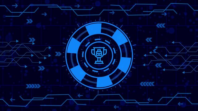 prise icon  animation,Futuristic hud interface featuring a trophy icon, glowing blue on a dark background, representing achievement, success, and technological advancement