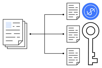 Stack of documents connecting to sorted data, key symbolizing access, and dollar sign for financial focus. Ideal for data security, file organization, financial plans, workflow, access control