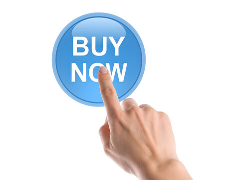 Close-up of a hand with an index finger pressing a glossy blue 'Buy Now' button for an online purchase.