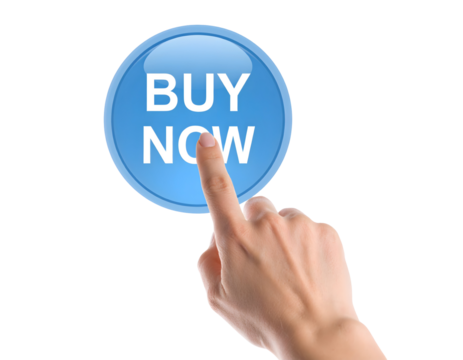 Close-up of a hand with an index finger pressing a glossy blue 'Buy Now' button for an online purchase.