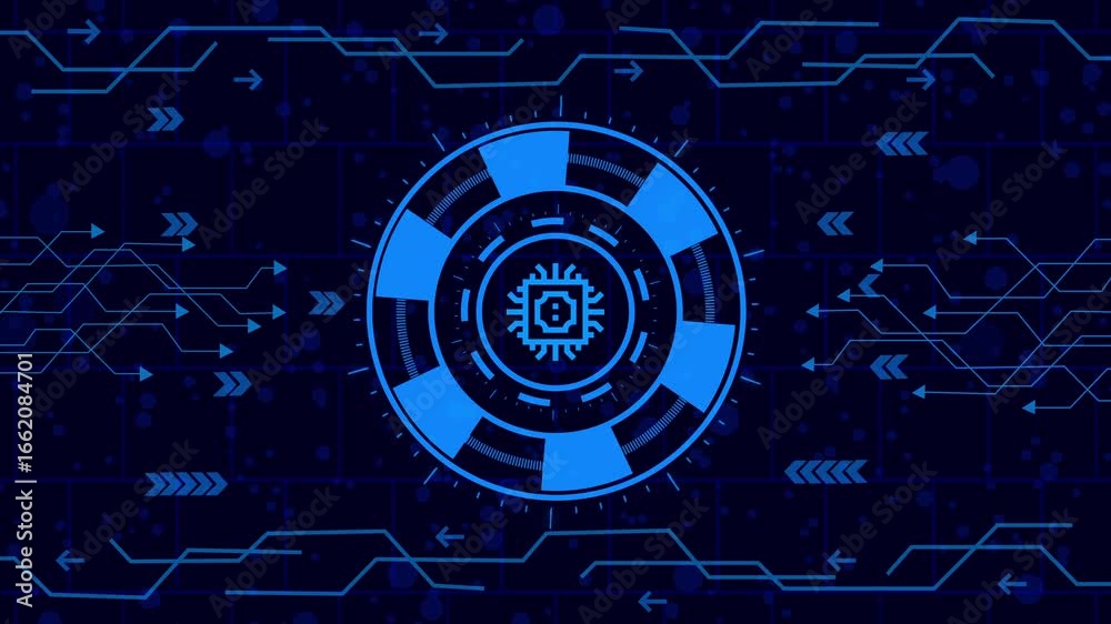 Wall mural microchip icon animation,futuristic technology interface with glowing circuit board and hud elements