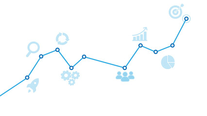 Business Growth Line Chart with Blue Strategy Icons Including Rocket, Gears, People and Target on Transparent Background. Perfect for Finance, Analytics, Planning and Corporate Success Concepts.