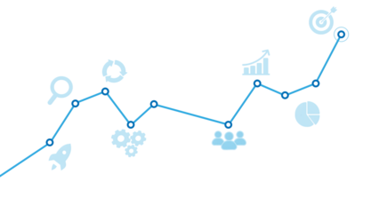 Business Growth Line Chart with Blue Strategy Icons Including Rocket, Gears, People and Target on Transparent Background. Perfect for Finance, Analytics, Planning and Corporate Success Concepts.