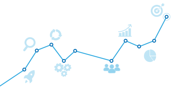 Business Growth Line Chart with Blue Strategy Icons Including Rocket, Gears, People and Target on Transparent Background. Perfect for Finance, Analytics, Planning and Corporate Success Concepts.