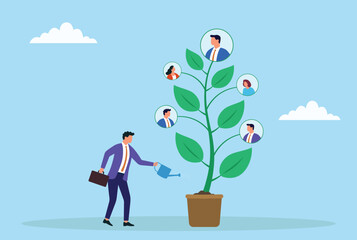 Vector illustration of a businessman watering a potted plant growing with human profiles, symbolizing talent development, team growth, leadership, and nurturing potential
