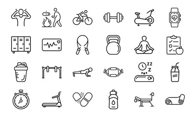 Fototapeta premium Fitness and Gym Outline Icons Set – Workout, Exercise, Dumbbell, Yoga, Running, Cycling, Treadmill, Smartwatch, Nutrition, Health, and Sports Equipment Vector Pack
