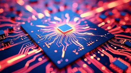 Close-up of a vibrant microchip showcasing intricate circuitry against a glowing background - Powered by Adobe