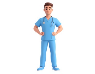 Obraz premium A friendly male healthcare worker in blue scrubs stands confidently with a stethoscope, ready to assist patients.