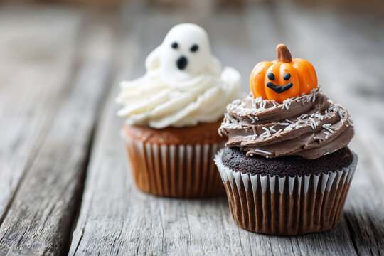 Homemade Halloween cupcakes with ghost and pumpkin toppings on wooden table, 