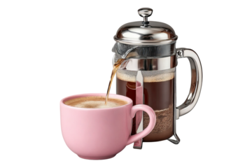 A stainless steel French press coffee maker with a handle, pouring liquid into a cup on isolated on a transparent background in PNG format.