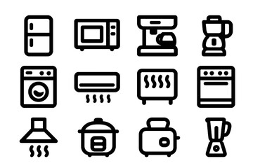 Black flat vector icons of home appliances including refrigerator, dishwasher, coffee maker and washing machine. Perfect for kitchen, household and electronics design.
