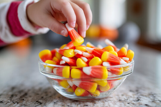 Childs hand grabbing candy corn from glass bowl, blurred Halloween garlands in background