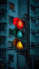 A nighttime close-up of a traffic signal displaying red and yellow lights against a blurred teal apartment building backdrop.  The signal appears slightly aged
