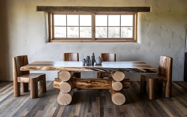 Rustic dining table made from wooden slab and logs. Interior design of modern dining room with textured stucco wall.